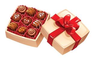 Open beige box of assorted chocolates with a separate lid tied with a red ribbon. Perfect elegant gift. Cartoon illustration vector