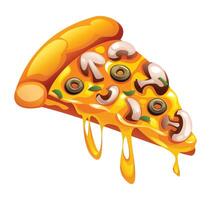 Delicious slice of mushroom and olive pizza with melting cheese on a white background. Cartoon illustration vector