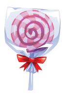 Swirled pink and white lollipop in clear wrapper with red bow, perfect for gifts or parties. cartoon illustration vector