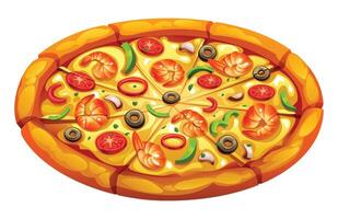 Whole seafood pizza, sliced and covered with shrimp, olives, and bell peppers, on a white background. Cartoon illustration vector