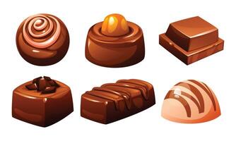 Collection of various individual gourmet chocolates, showcasing different shapes and toppings. Decadent and delicious treats. Cartoon illustration vector