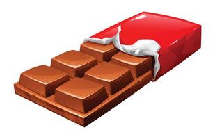Red wrapper peeled back to reveal a perfect chocolate bar. Ready to be enjoyed as a sweet delight. Cartoon illustration vector
