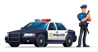 Police officer in uniform standing next to a patrol car holding a gun. Cartoon illustration vector