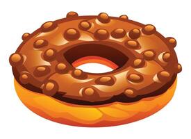 Chocolate donut with glaze and chocolate ball toppings on a white background. Cartoon illustration vector