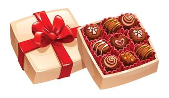 Open beige gift box filled with assorted chocolates, with a red ribbon. Ready to be given for a special occasion. Cartoon illustration vector