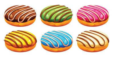 Variety of sweet donuts with colorful strawberry, matcha, banana, vanilla, and blueberry icing and striped patterns. Cartoon illustration vector