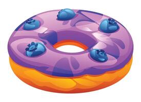 Delicious purple donut topped with fresh blueberries on a white background. Cartoon illustration vector