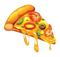 Delectable slice of seafood pizza with melting cheese, shrimp, olives, and bell peppers on a white background. Cartoon illustration vector