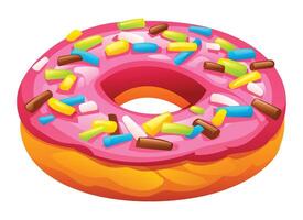 Delicious strawberry pink glazed donut covered with various colorful sprinkles on a white background. Cartoon illustration vector