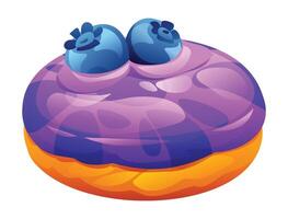 Purple donut with two fresh blueberries on top, isolated on a white background. Cartoon illustration vector