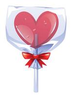 Red heart-shaped lollipop in clear wrapper with red bow, perfect for a romantic gesture or sweet gift. cartoon illustration vector