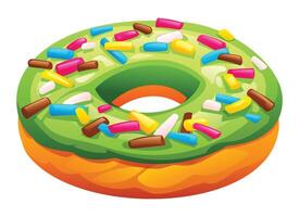 Matcha green glazed donut covered with various colorful sprinkles on a white background. Cartoon illustration vector