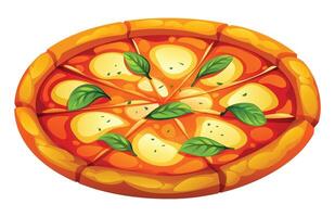 Whole classic Margherita pizza, sliced and topped with fresh basil leaves and melted cheese. Cartoon illustration vector