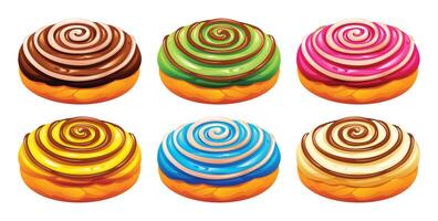 Collection of various sweet donuts with strawberry, matcha, banana, vanilla, and blueberry icing and spiral patterns. Cartoon illustration vector