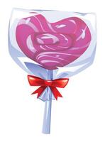 Heart-shaped pink lollipop with white swirls in a clear wrapper and a red bow. cartoon illustration vector