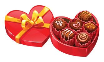Open heart-shaped red box of assorted chocolates with a golden ribbon. Perfect romantic gift for loved ones. Cartoon illustration vector