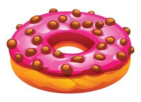Strawberry pink glazed donut embellished with chocolate balls on top, isolated on a white background. Cartoon illustration vector