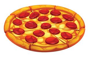 Whole pepperoni pizza, sliced and ready to eat, with melted cheese on a white background. Cartoon illustration vector