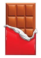 Red wrapper partially peeled back to reveal a whole chocolate bar inside. Enticing and ready to eat. Cartoon illustration vector