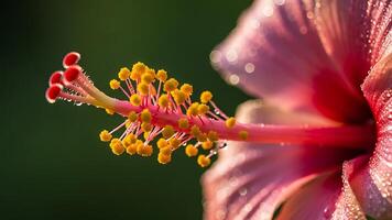 Pink Hibiscus Flower Closeup with Glistening Morning Dew on a Dark Green Background photo