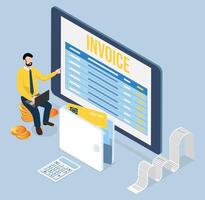 Digital finance and mobile invoice payment. Electronic bill, tablet, currency icons, and credit card depict modern banking and seamless transactions. vector
