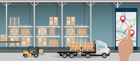 Warehouse logistics with forklift and truck vector