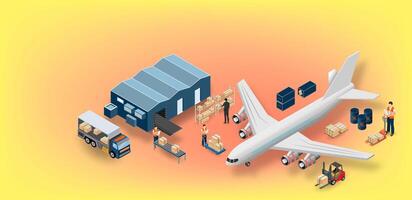 Logistics operation with airplane and trucks vector