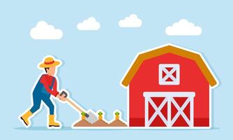Farmer cultivating crops near a barn, illustration of food self-sufficiency or food security vector