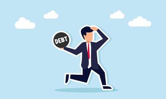 Businessman running and about to throw a ball labeled debt, illustration of handling obligation to repay business debt vector
