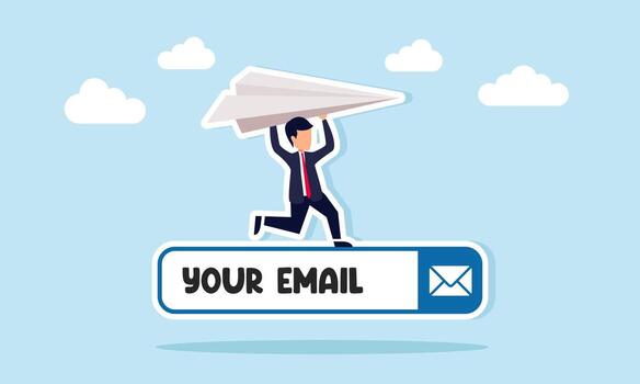 empresario corriendo a lanzamiento un papel avión desde parte superior de un correo electrónico buscar bar, ilustración de radiodifusión negocio información mediante correo electrónico vector