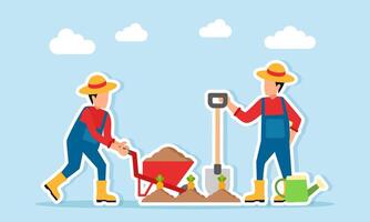 Farmer pushing a sand cart and another holding a sand shovel standing near a carrot farm, illustration of teamwork in agricultural business vector