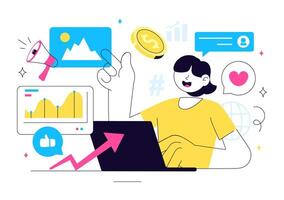 Online Endorsement and Branding Strategy Illustration with Influencer Content in Flat Background vector