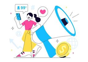 Social Media Strategy Illustration for Brand Awareness and Influencer Marketing in Flat Style vector