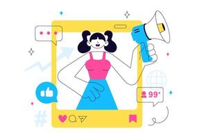 Flat Style Cartoon Illustration of Product Promotion by Social Media Influencers vector