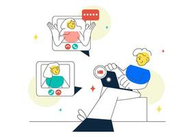 Remote Call Conference Illustration with Online Friends Using Mobile or Laptop Webcam from Home vector