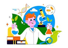 Young scientist with beakers and microscope vector
