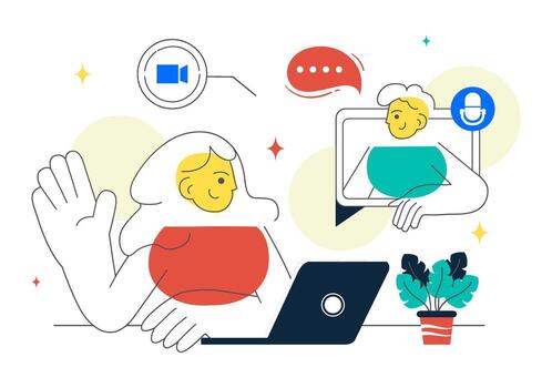 Illustration of a Conference Call with People Working Remotely via Smartphone or Computer vector