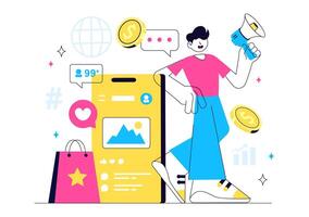 Influencer Collaboration Illustration with Sponsored Posts in a Flat Cartoon Background vector