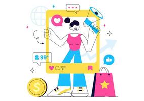 Digital Influencer Illustration Promoting Products on Internet Platforms with Flat Cartoon Design vector