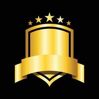 Golden Shield Emblem with Ribbon and Stars on Black Background vector