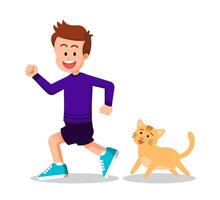 happy boy running around with his pet cat vector