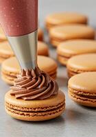 Piping Chocolate Ganache onto a Macaron Shell photo