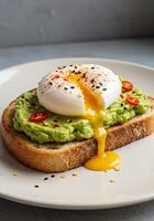 Avocado Toast with a Runny Poached Egg and Chili photo