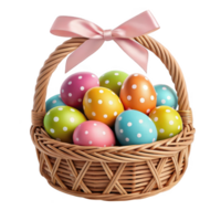 A wicker easter basket filled with colorful polka dot eggs and tied with a pink ribbon isolated on transparent background png