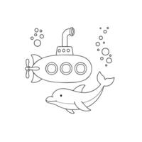 Submarine alongside playful dolphins vector