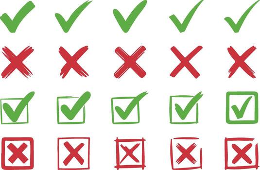 hand drawn tick and cross icons set, green checkmarks and red x symbols, doodle checklist icons, green approve and red reject marks, brush stroke check and x mark icons, approval vector