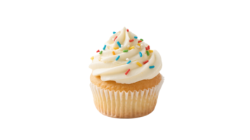 Vanilla Cupcake with Sprinkles , Delicious Creamy Vanilla Cupcake Topped with Swirled Frosting and Colorful Sprinkles, Isolated on Transparent Background for Design Elements png
