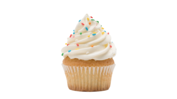 Transparent Cupcake with White Frosting and Sprinkles, Delicious Vanilla Cupcake with Swirled Frosting and Colorful Sprinkles on a Transparent Background, Perfect for Dessert Menu or Party Design png