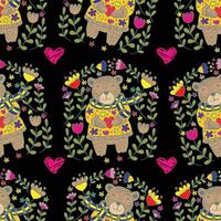 Colorful bear pattern with flowers and hearts vector