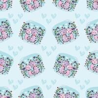Cute cats in hearts and flowers pattern vector